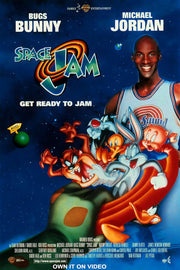 Space Jam poster featuring Michael Jordan in a Tune Squad jersey with Bugs Bunny and Looney Tunes characters riding a rocket through starry space.