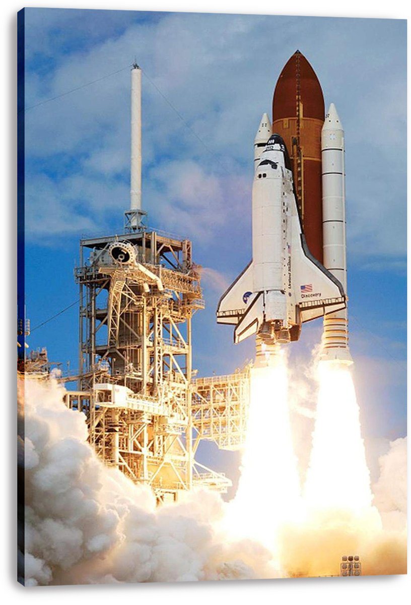 Space Shuttle Discovery canvas wall art print depicts the orbiter ascending with orange fuel tank, white boosters, bright exhaust, and launchpad smoke.