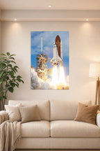 Space Shuttle Discovery Launch in a bright living room above a beige sofa.