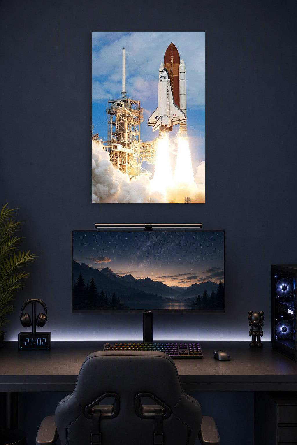 Space Shuttle Discovery Launch in a gaming desk setup above a monitor.