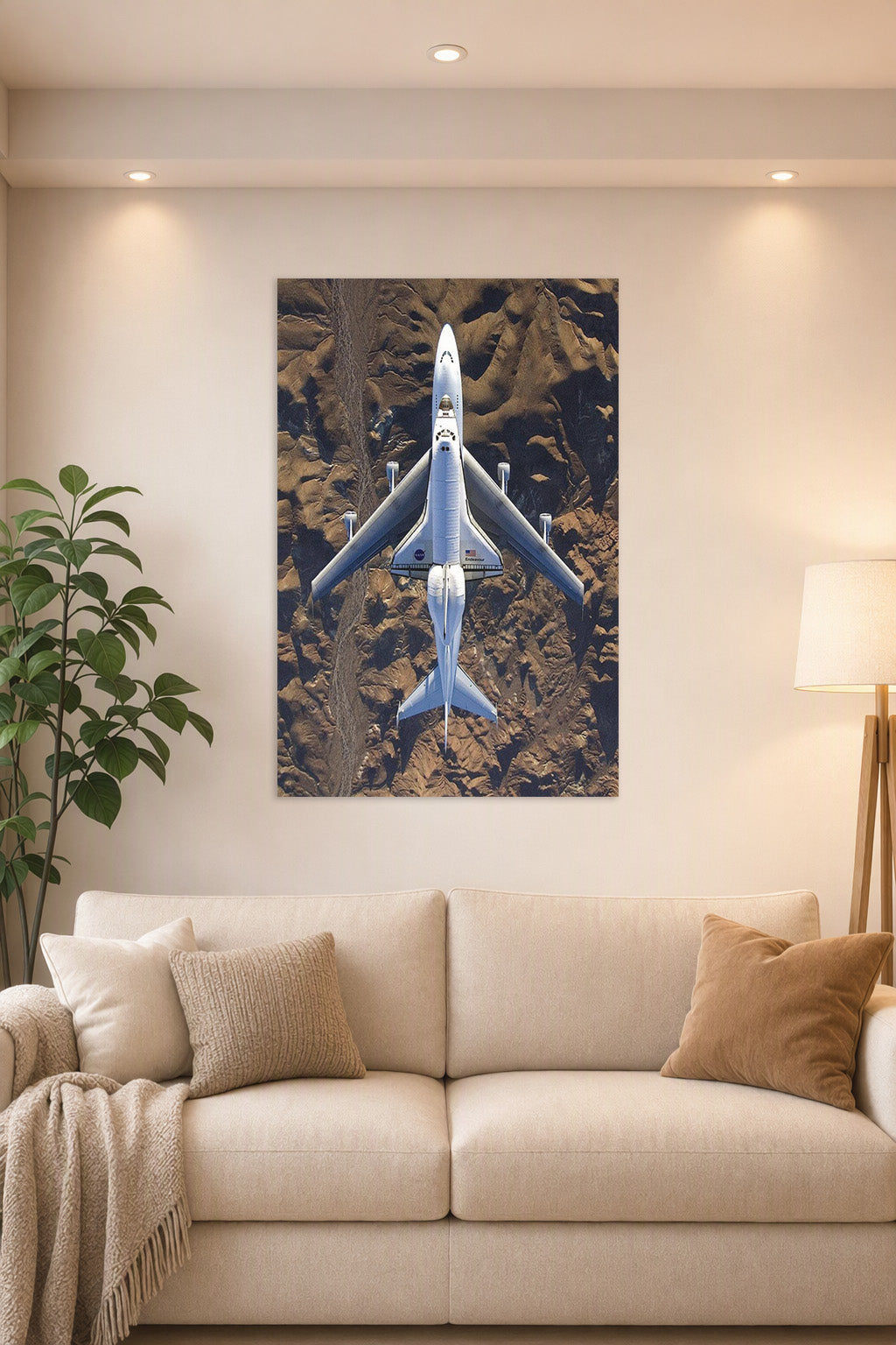 Space Shuttle Endeavour on Carrier Aircraft in a bright living room above a beige sofa.