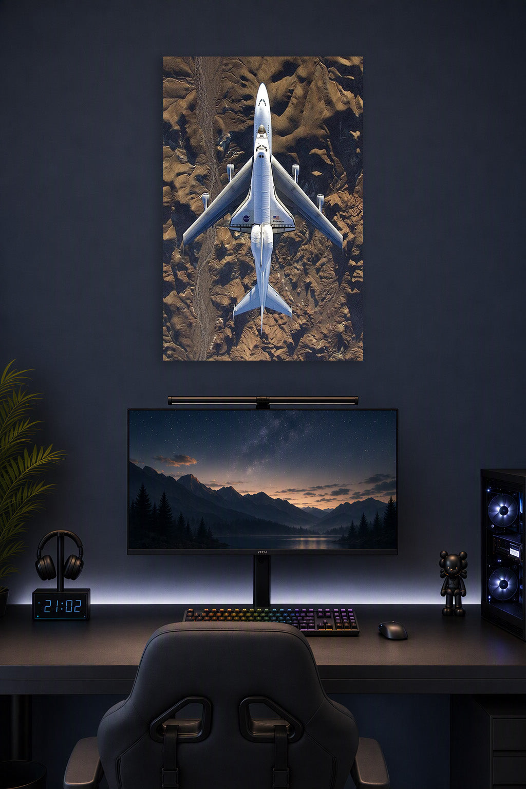 Space Shuttle Endeavour on Carrier Aircraft in a gaming desk setup above a monitor.