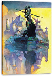 Spartan warrior canvas wall art print featuring a bronze-armored figure holding a spear above ancient ruins and mirrored water.