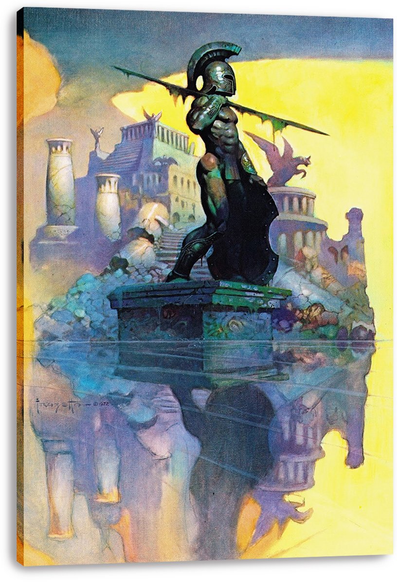 Spartan warrior canvas wall art print featuring a bronze-armored figure holding a spear above ancient ruins and mirrored water.