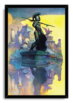 Spartan warrior framed wall art print depicting a dark-armored helmeted figure, spear, crumbling columns, and watery reflection.