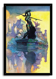 Spartan warrior framed wall art print depicting a dark-armored helmeted figure, spear, crumbling columns, and watery reflection.