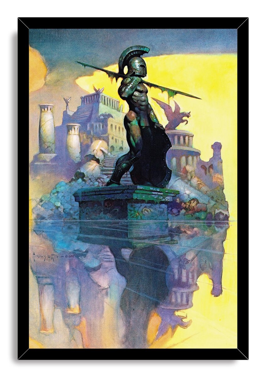 Spartan warrior framed wall art print depicting a dark-armored helmeted figure, spear, crumbling columns, and watery reflection.