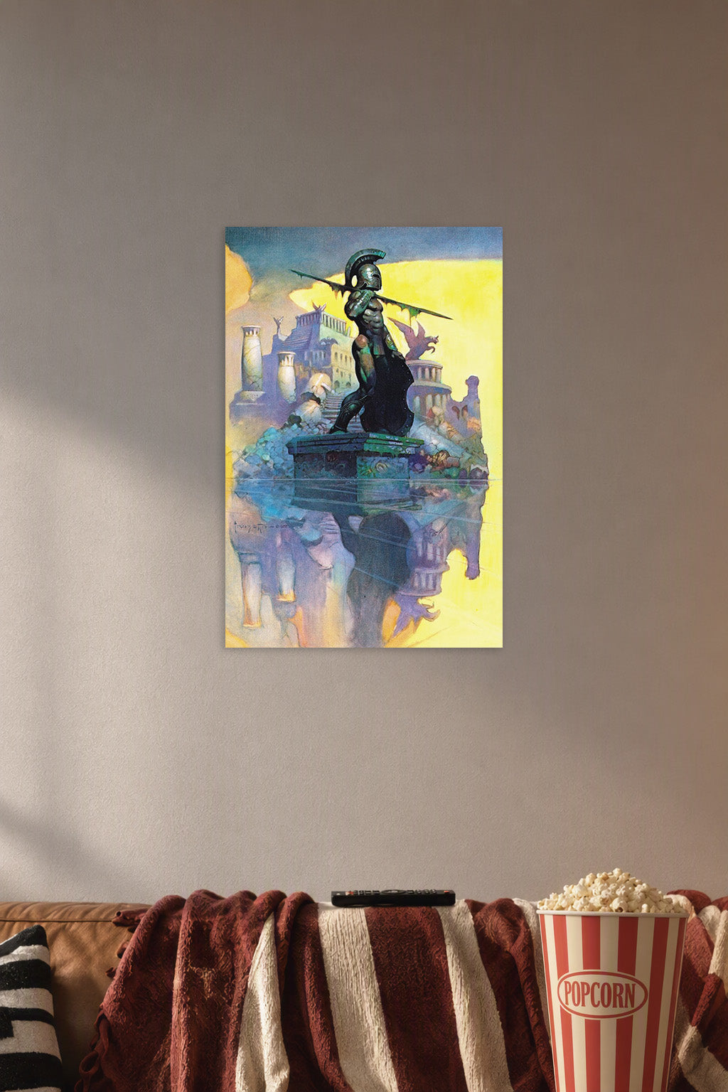 Spartan Warrior in a cozy movie room above a brown sofa with popcorn.
