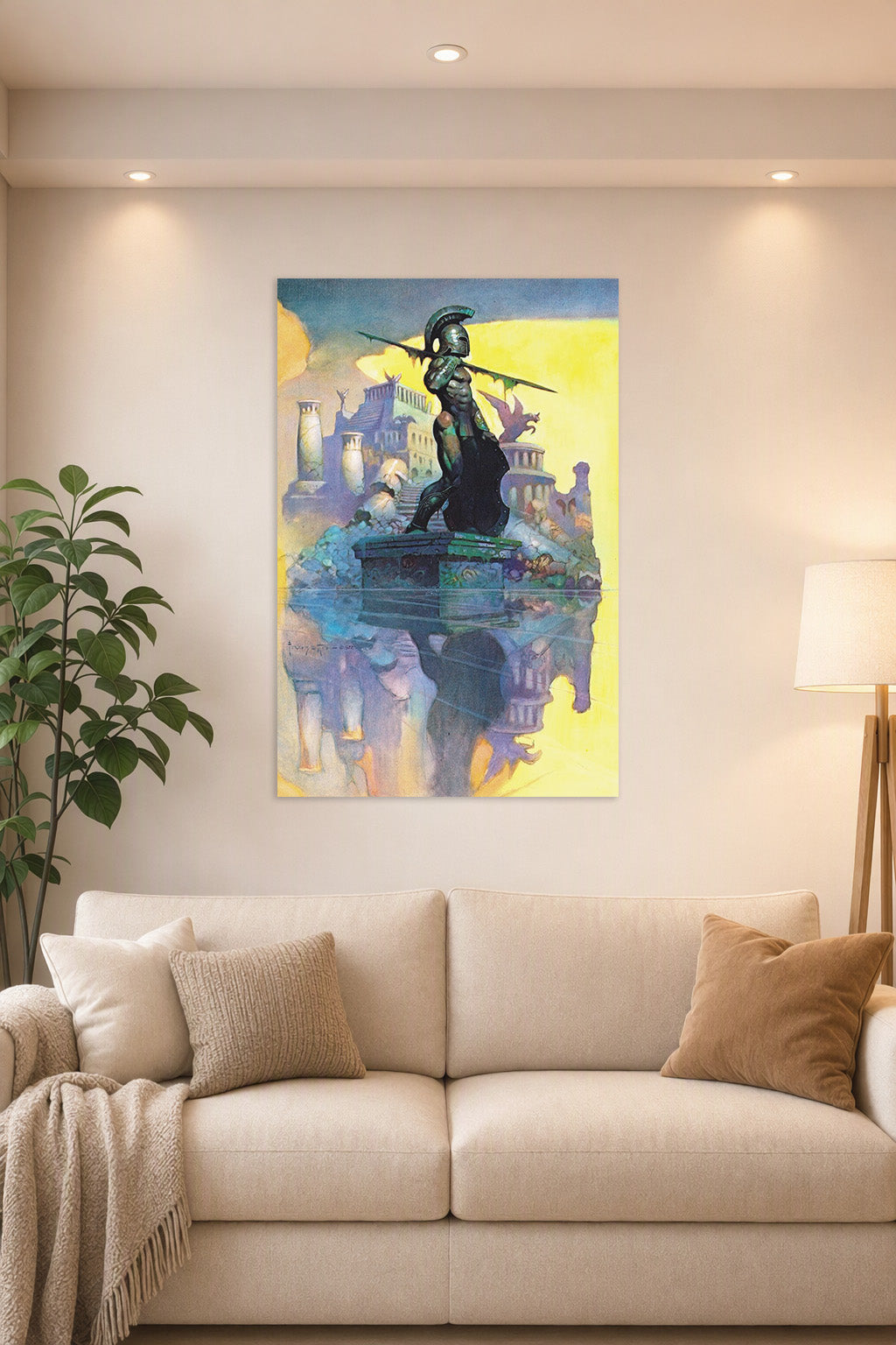 Spartan Warrior in a bright living room above a beige sofa.