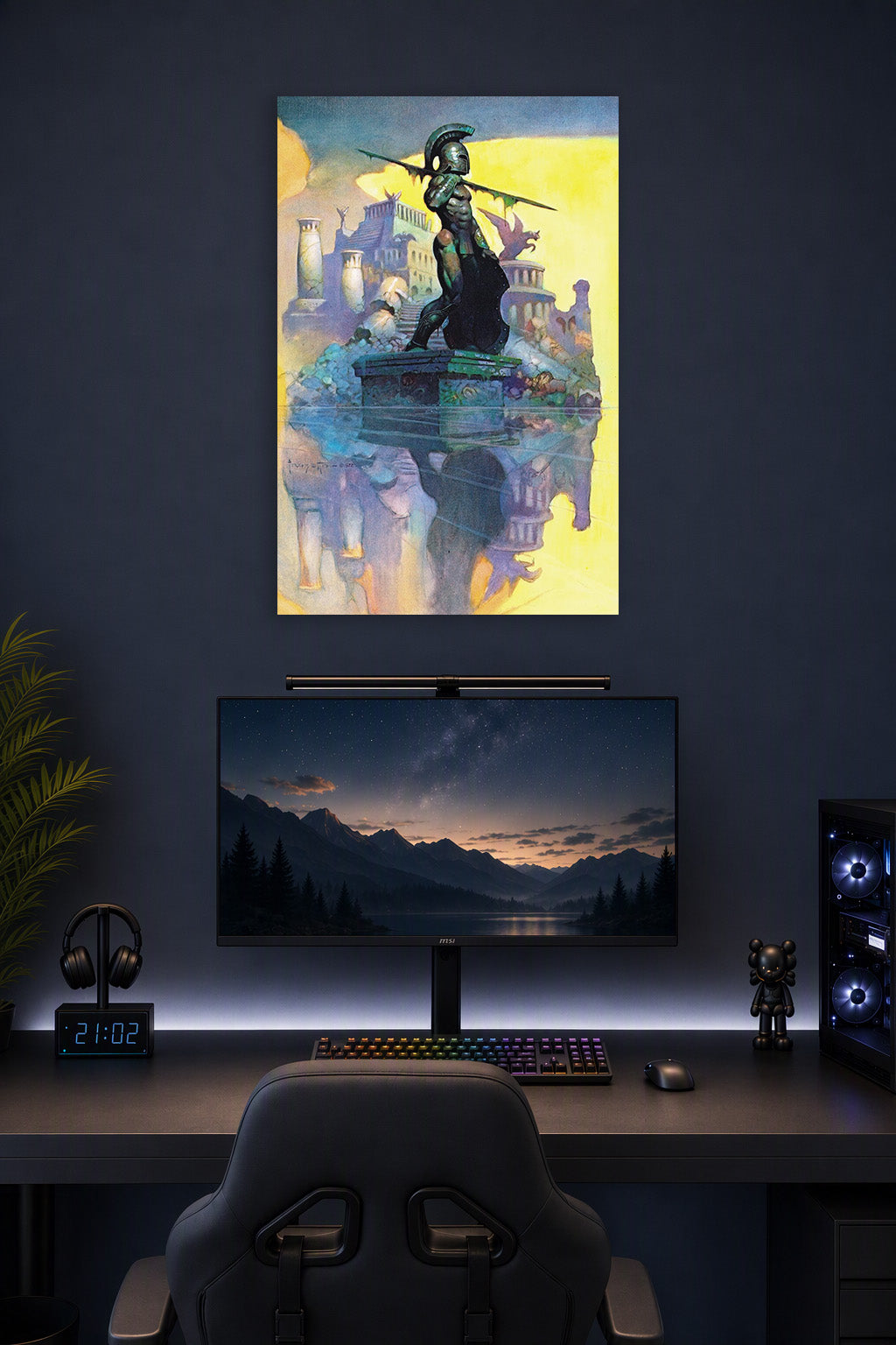 Spartan Warrior in a gaming desk setup above a monitor.