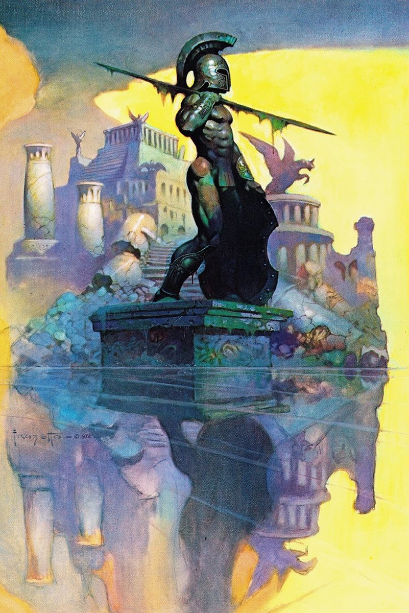 Spartan warrior wall art print of a helmeted figure with a spear amid ruined temples, reflected in blue water beneath a yellow sky.