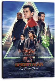 Spider-Man: Far From Home canvas wall art print displays the ensemble beneath a glowing green triangle over London landmarks.