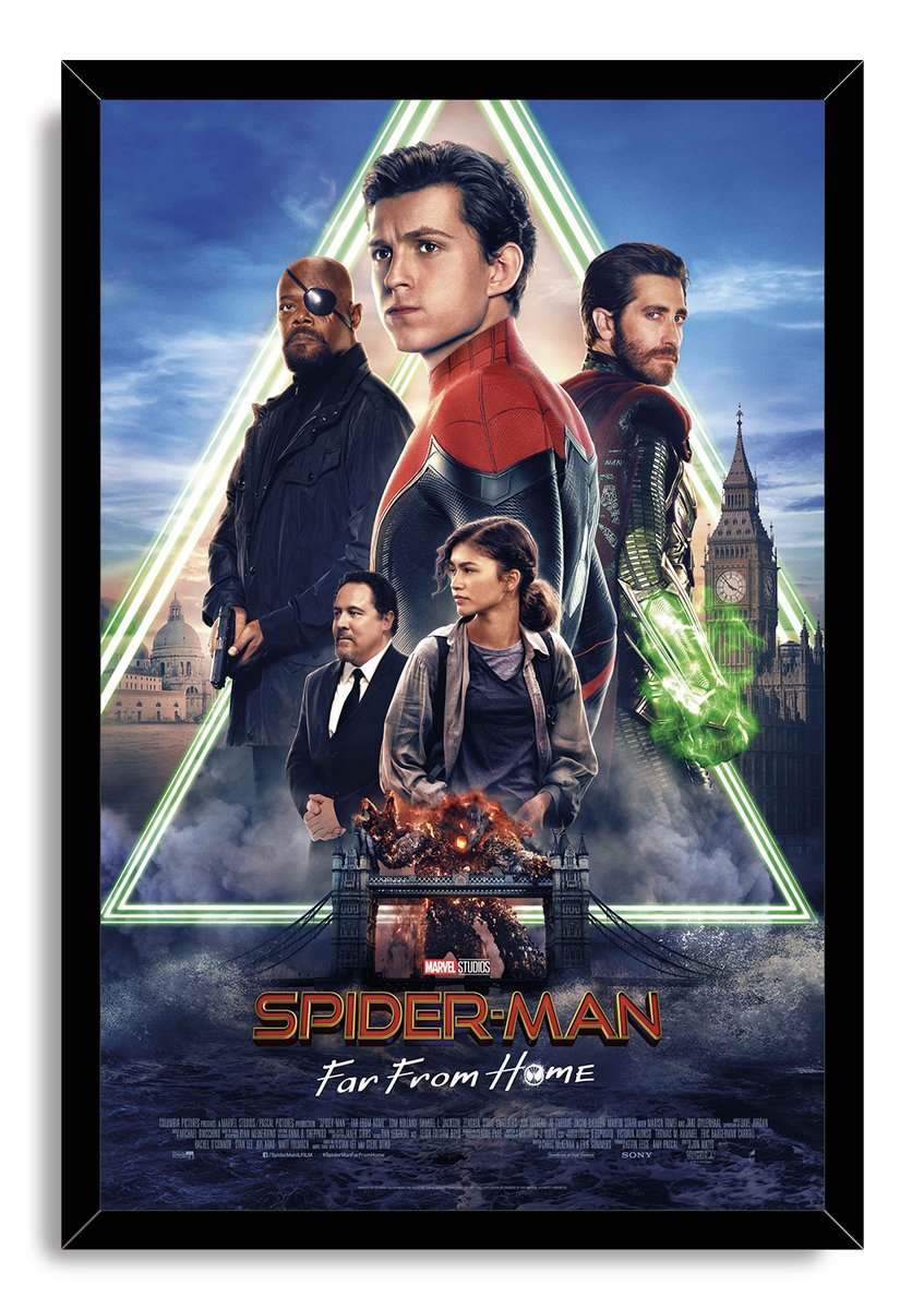 Spider-Man: Far From Home framed wall art print depicts Spider-Man, Mysterio, Nick Fury and MJ amid stormy London scenes.