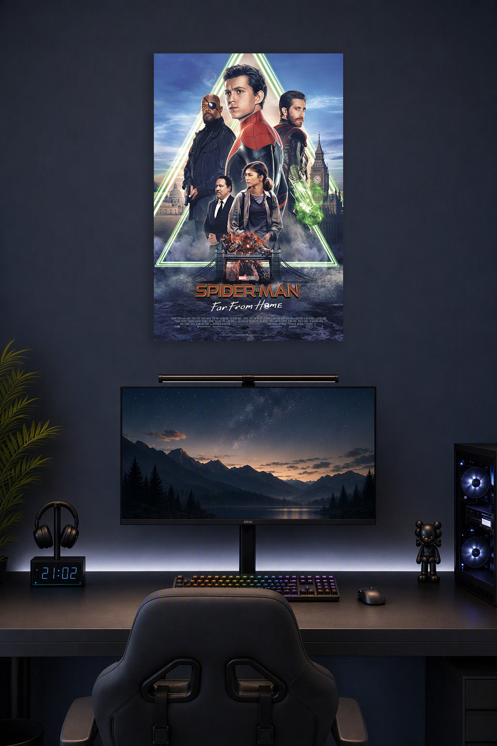 Spider-Man: Far From Home Movie in a gaming desk setup above a monitor.