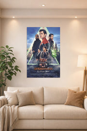 Spider-Man: Far From Home Movie in a bright living room above a beige sofa.