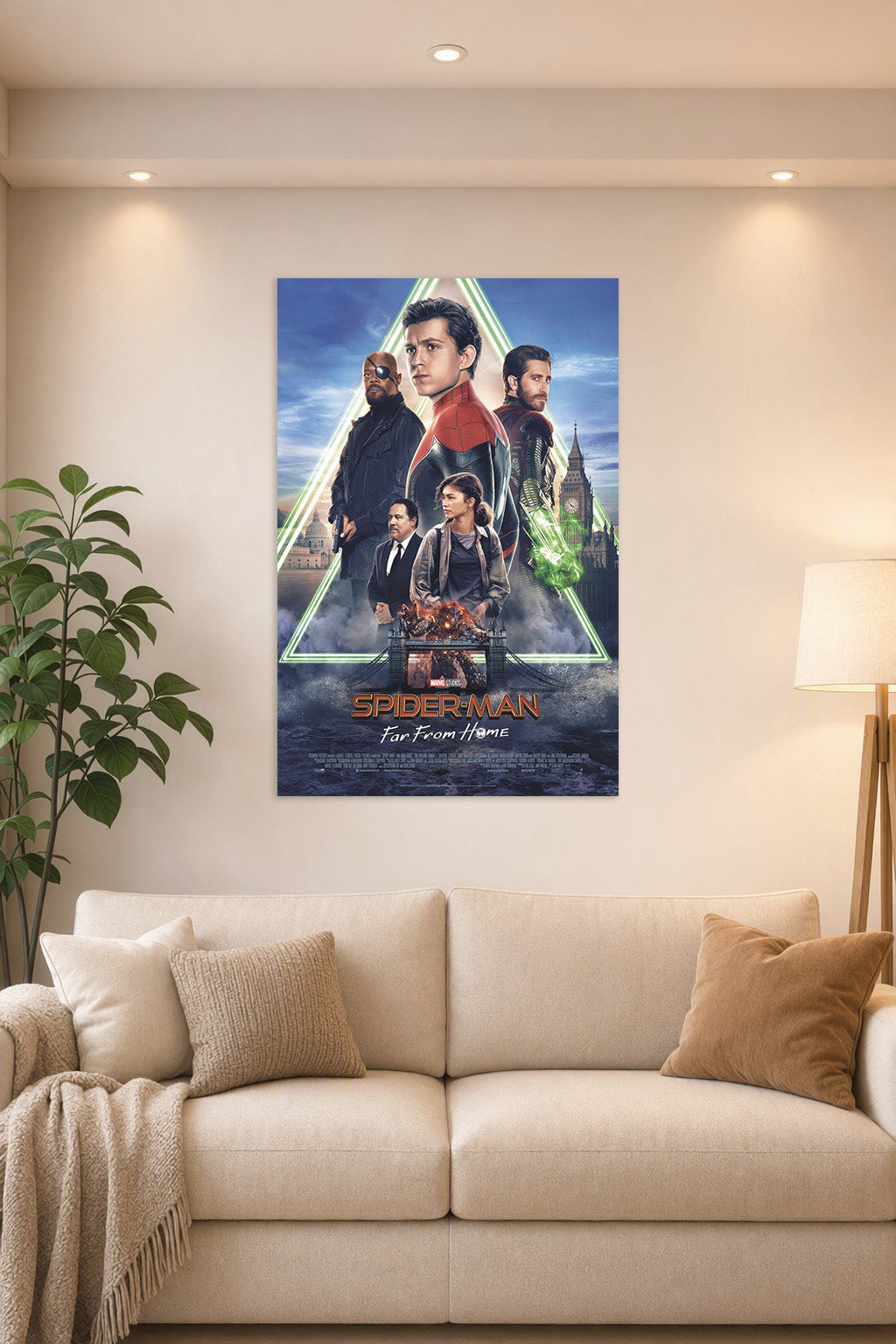 Spider-Man: Far From Home Movie in a bright living room above a beige sofa.