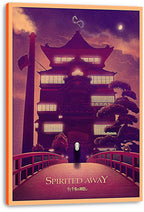 Spirited Away canvas wall art print displays No-Face on a bridge facing a lantern-lit bathhouse, with a moonlit violet sky.