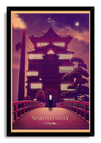 Spirited Away framed wall art print features No-Face at a glowing bathhouse entrance, red bridge rails, and a purple moonlit sky.