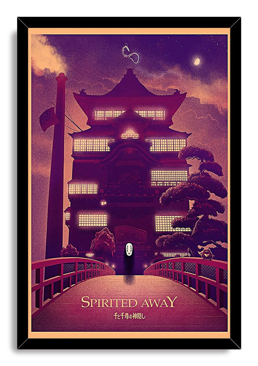 Spirited Away framed wall art print features No-Face at a glowing bathhouse entrance, red bridge rails, and a purple moonlit sky.