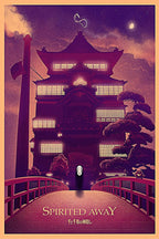 Spirited Away poster depicts No-Face on a red bridge before a glowing bathhouse beneath a purple night sky and moon.