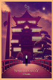 Spirited Away poster depicts No-Face on a red bridge before a glowing bathhouse beneath a purple night sky and moon.