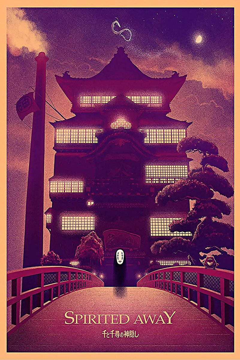 Spirited Away poster depicts No-Face on a red bridge before a glowing bathhouse beneath a purple night sky and moon.