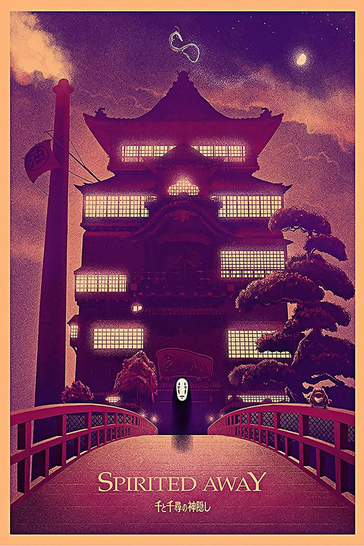 Spirited Away poster depicts No-Face on a red bridge before a glowing bathhouse beneath a purple night sky and moon.