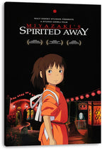 Spirited Away canvas wall art print featuring Chihiro in orange amid red lanterns, bathhouse buildings, and No-Face behind her.