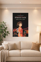 Spirited Away Chihiro in a bright living room above a beige sofa.