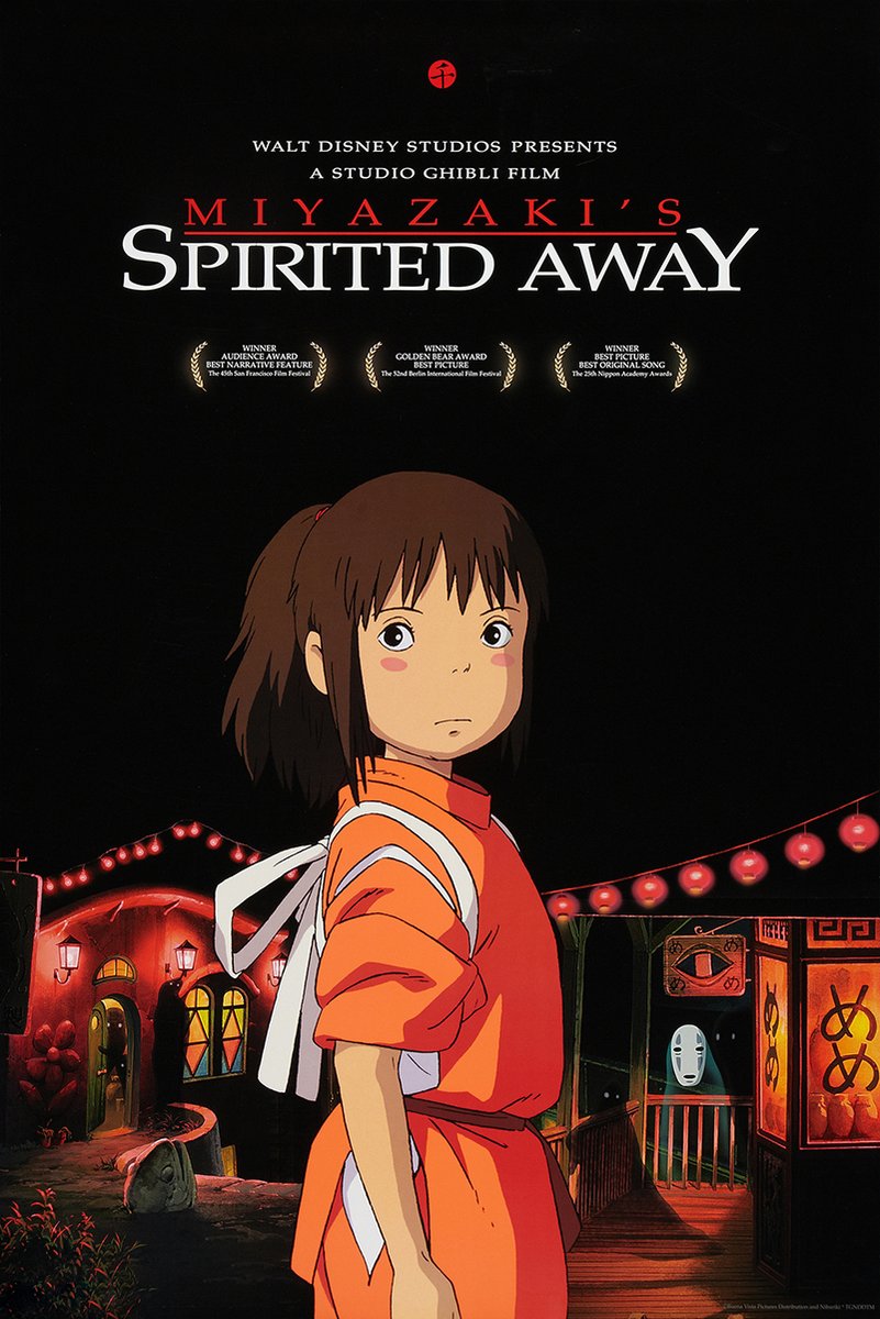Spirited Away poster features Chihiro in an orange outfit before lantern-lit bathhouse streets, with No-Face behind her.