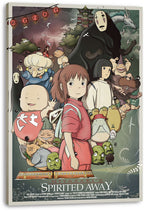 Spirited Away canvas wall art print featuring Chihiro, No-Face, Haku, Yubaba, and colorful bathhouse spirits.