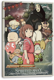 Spirited Away canvas wall art print featuring Chihiro, No-Face, Haku, Yubaba, and colorful bathhouse spirits.