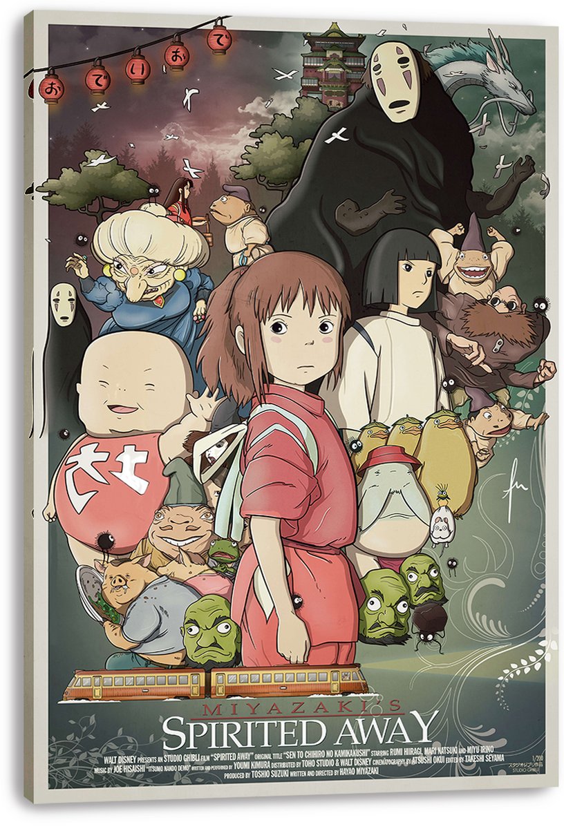 Spirited Away canvas wall art print featuring Chihiro, No-Face, Haku, Yubaba, and colorful bathhouse spirits.