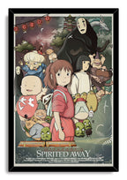 Spirited Away framed wall art print with Chihiro, No-Face, dragon Haku, lanterns, spirits, and film title text.