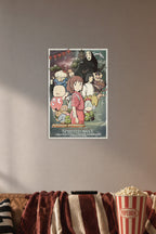 Spirited Away in a cozy movie room above a brown sofa with popcorn.