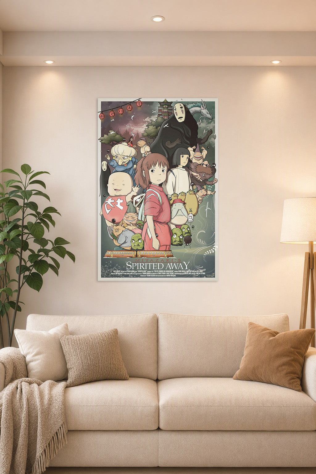 Spirited Away in a bright living room above a beige sofa.