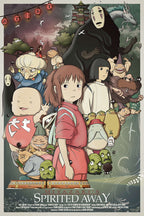 Spirited Away poster collage with Chihiro in pink, No-Face, Haku dragon, bathhouse spirits, lanterns, and train.