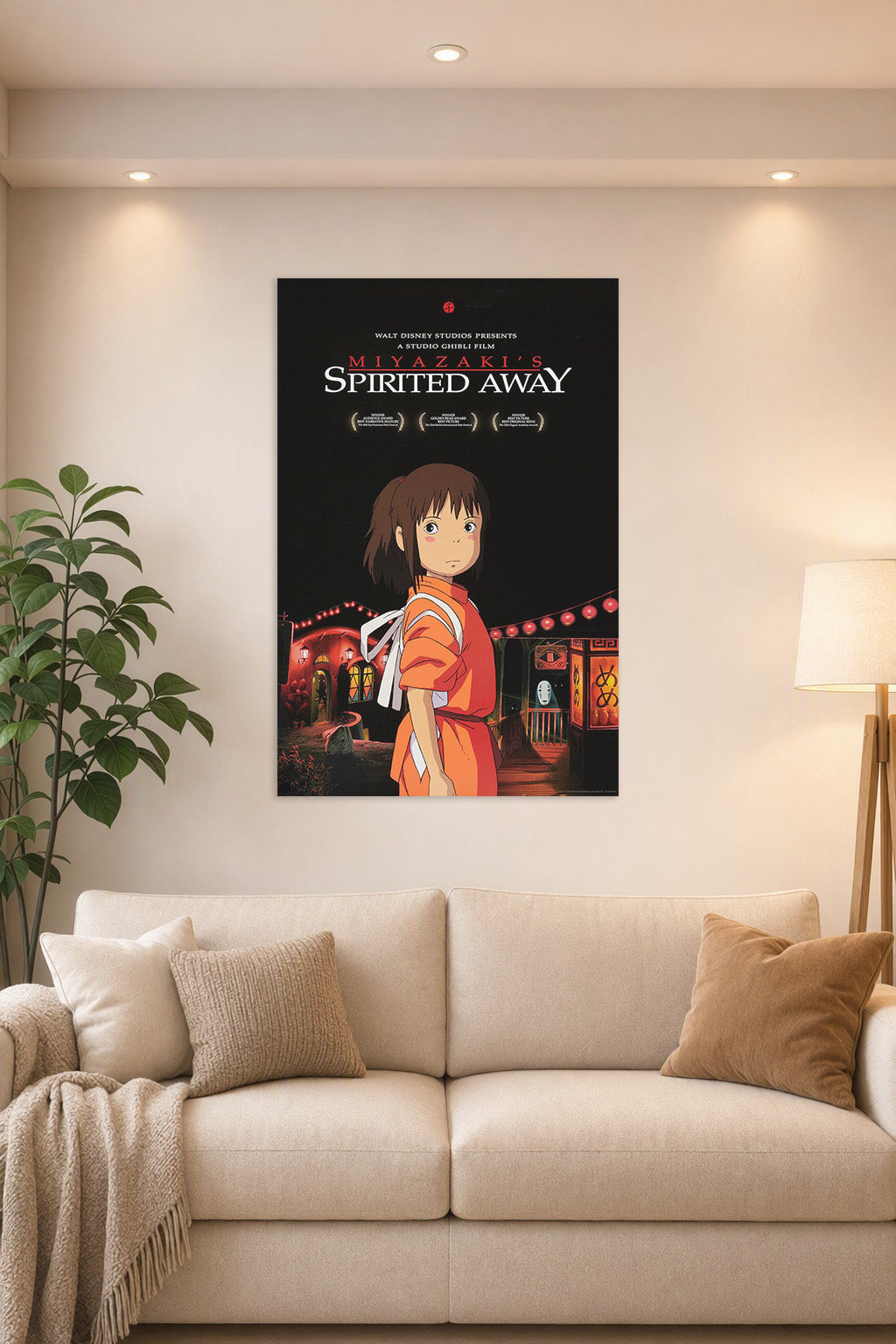 Spirited Away in a bright living room above a beige sofa.