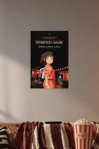 Spirited Away in a cozy movie room above a brown sofa with popcorn.