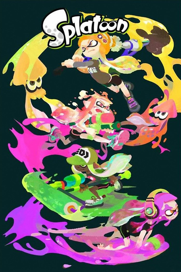 Splatoon poster wall art print with four stylized ink fighters, squid characters, and swirling yellow, pink, purple, and green paint.
