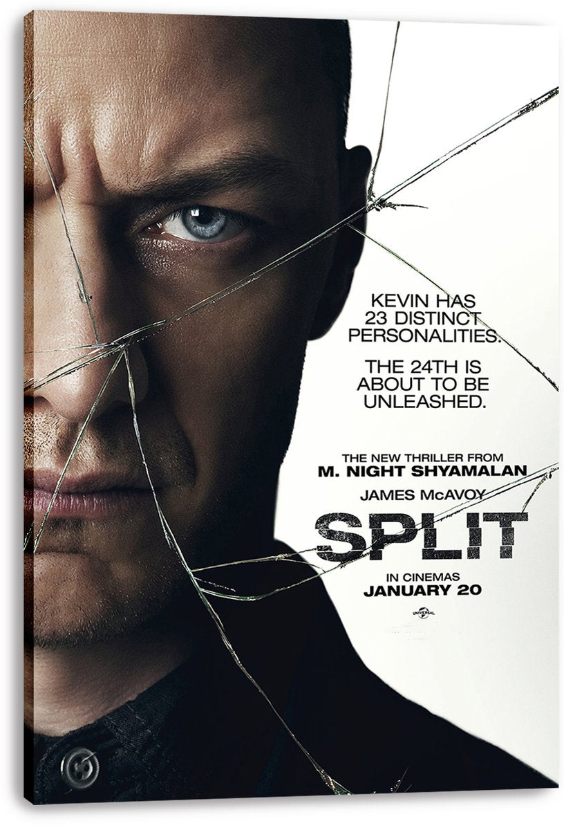 Split movie poster canvas print featuring a shadowed male face with a blue eye, fractured-glass design, and black typography on white.
