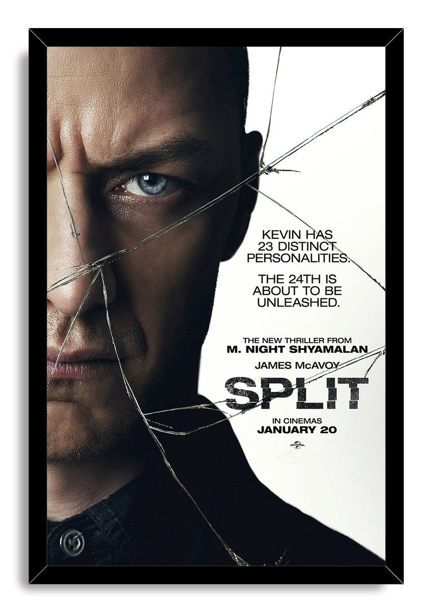 Split movie poster wall art print in a black frame, with a brooding male close-up, cracked-glass lines, and title lettering.