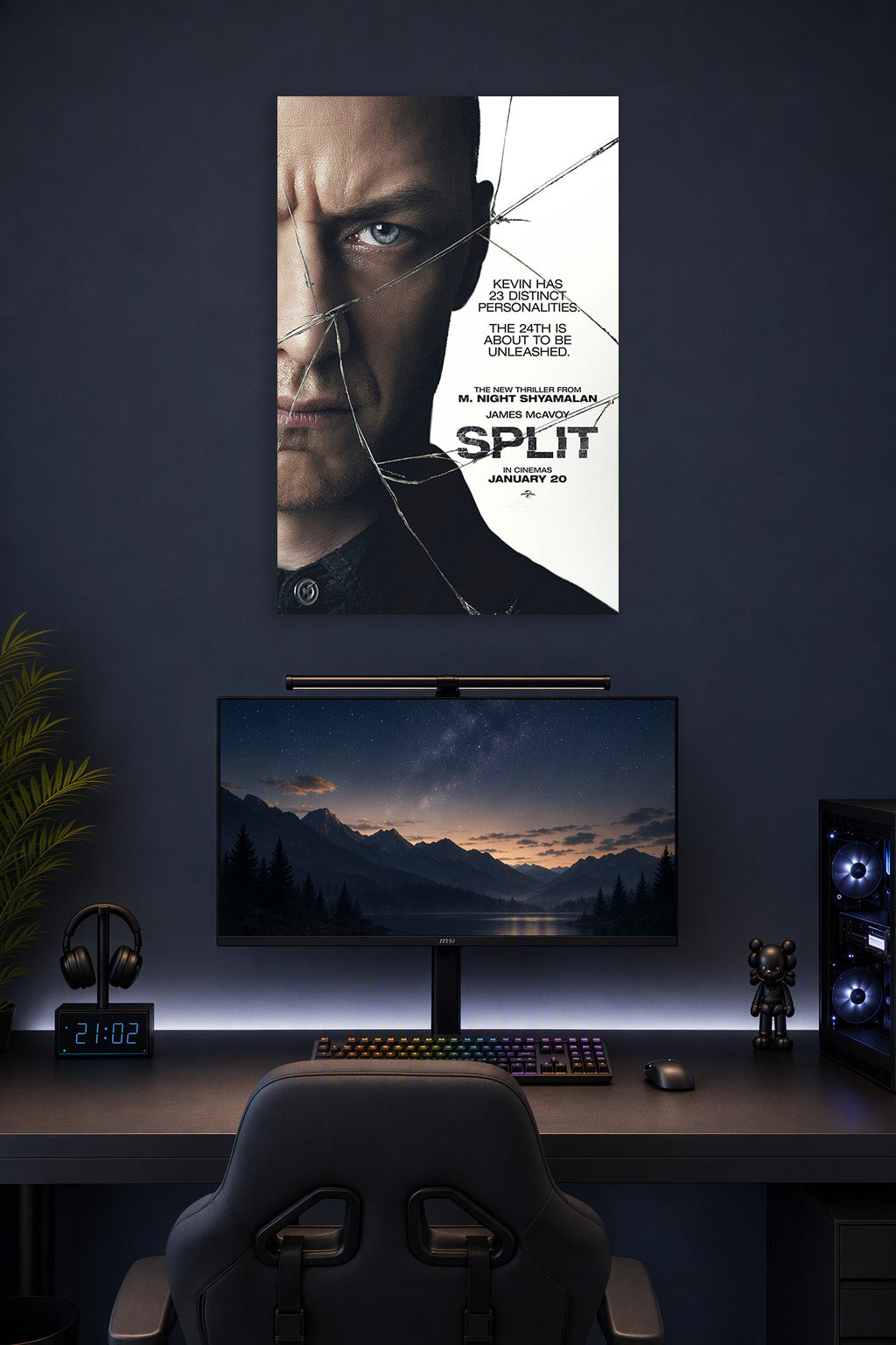 Split Movie Poster in a gaming desk setup above a monitor.
