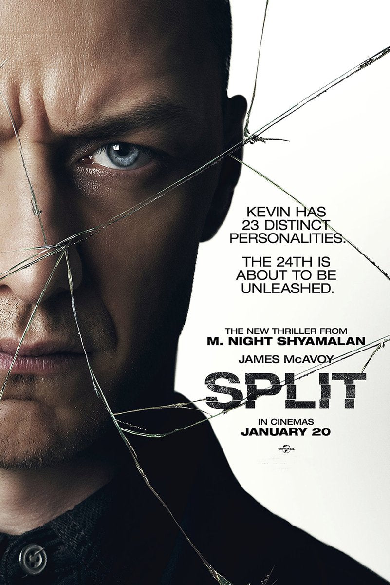 Split movie poster wall art print featuring a stern man's close-up, shattered-glass cracks, bold black title text, and a white background.