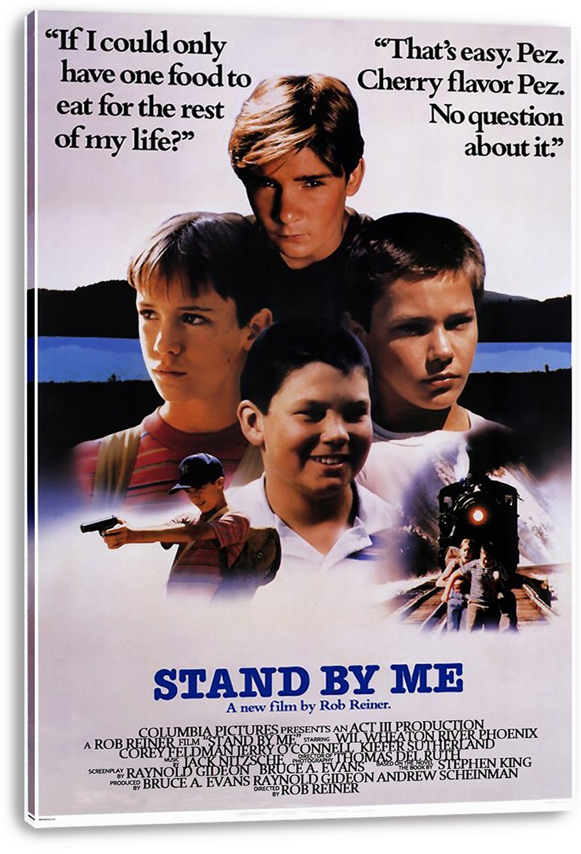 Stand By Me canvas wall art print featuring four boys, black text quotes, a glowing locomotive, and blue title lettering.