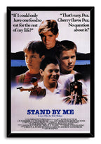 Stand By Me framed wall art print with a black border, four boys' portraits, quoted dialogue, and a train on the tracks.