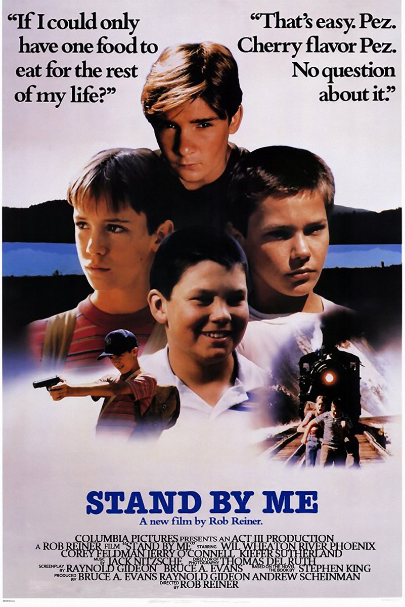 Stand By Me movie poster with four boys' portraits, Pez quotes, a child holding a gun, and a train-track scene.