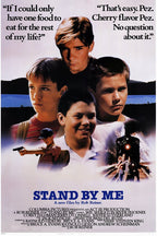 Stand By Me movie poster with four boys' portraits, Pez quotes, a child holding a gun, and a train-track scene.