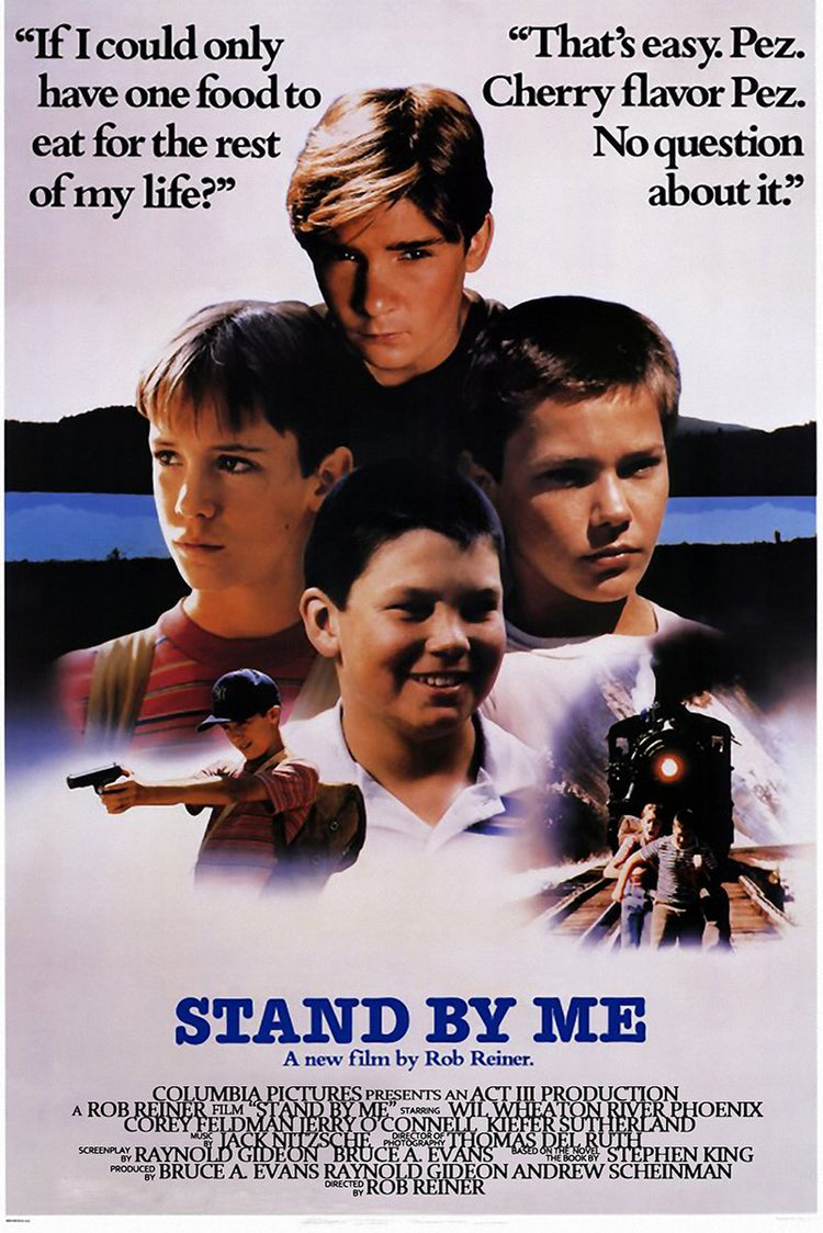 Stand By Me movie poster with four boys' portraits, Pez quotes, a child holding a gun, and a train-track scene.