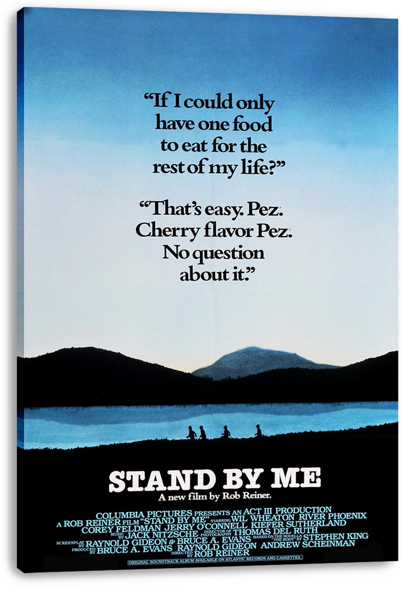 Stand By Me movie poster canvas print featuring black dialogue text above a blue lake, distant mountains, and four silhouettes.